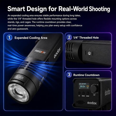 Godox RS100R 100W RGB LED Video Light, Full Color COB Photography Light, 18100Lux, 1800K-10000K, 0.1% Dimming, Built-in Battery, USB-C Charging, App/DMX Control for Studio Video Streaming in Kuwait
