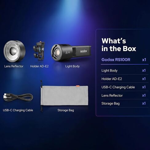 Godox RS100R 100W RGB LED Video Light, Full Color COB Photography Light, 18100Lux, 1800K-10000K, 0.1% Dimming, Built-in Battery, USB-C Charging, App/DMX Control for Studio Video Streaming in Kuwait