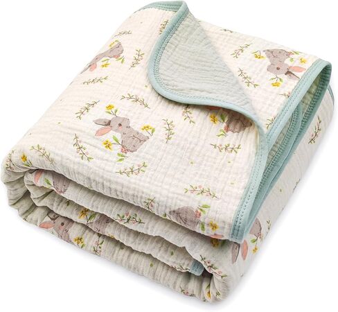 4-Layer Muslin Baby Blanket, 100% Cotton Bunny Print, 40"x40" | Machine Washable, Fade-Resistant Design, Softer After Every Wash in Kuwait