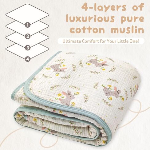 4-Layer Muslin Baby Blanket, 100% Cotton Bunny Print, 40"x40" | Machine Washable, Fade-Resistant Design, Softer After Every Wash in Kuwait