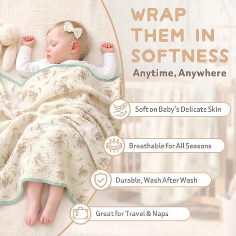 4-Layer Muslin Baby Blanket, 100% Cotton Bunny Print, 40"x40" | Machine Washable, Fade-Resistant Design, Softer After Every Wash in Kuwait