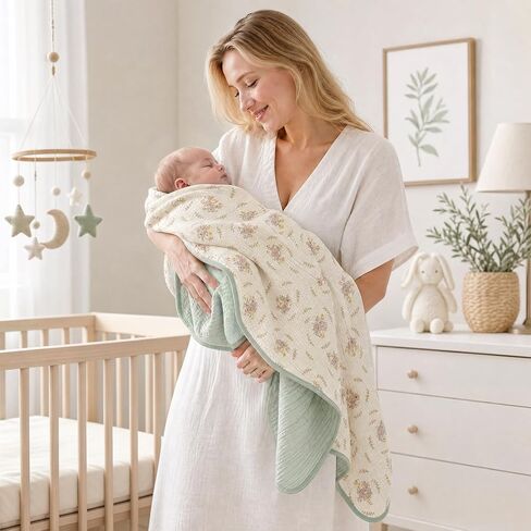 4-Layer Muslin Baby Blanket, 100% Cotton Bunny Print, 40"x40" | Machine Washable, Fade-Resistant Design, Softer After Every Wash in Kuwait