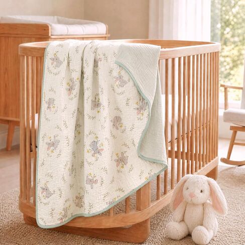 4-Layer Muslin Baby Blanket, 100% Cotton Bunny Print, 40"x40" | Machine Washable, Fade-Resistant Design, Softer After Every Wash in Kuwait