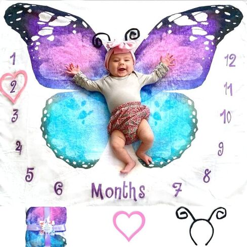 Evovee Baby Monthly Milestone Blanket Girl Boy Unisex Gender Neurtal Month Age Photo Photography Backdrop Newborn Props Nursery Decor Fleece Marker New Moms - Butterfly in Kuwait