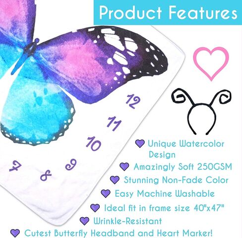 Evovee Baby Monthly Milestone Blanket Girl Boy Unisex Gender Neurtal Month Age Photo Photography Backdrop Newborn Props Nursery Decor Fleece Marker New Moms - Butterfly in Kuwait