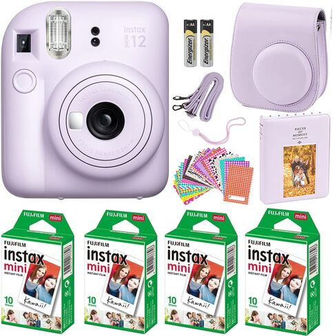 Fujifilm Instax Mini 12 Instant Camera Pastel Blue with Film Value Pack (40 Sheets) + Accessories Including Galaxy Carrying Case Strap, Photo Album, Stickers (Purple) in Kuwait