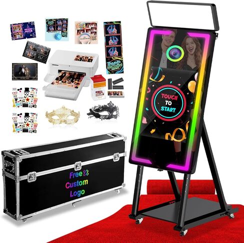 Magic Mirror Photo Booth with Printer, 40-22" Touch Screen Mirror Photo Booth, Instant Printing and Sharing,Music Sync RGB Light, Professional DSLR PhotoBooth for Party (White+Printer+108 Paper) in Kuwait