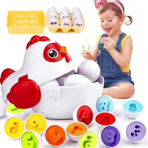 VROGTIK Easter Egg Matching Game, 24-Piece Easter Basket Stuffers for Kids, Color Shape Number Recognition Educational Toddler Toys, Chicken Storage Box Preschool Learning Toy for Boys Girls in Kuwait