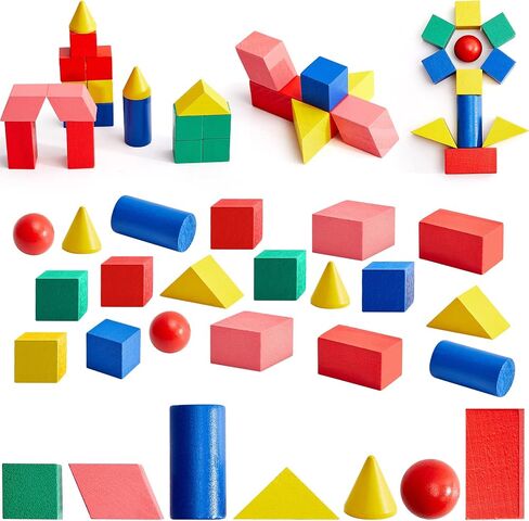 Deekin 70 Pcs Wood Geometric Solid Mini 3D Shape Wooden Building Block Bulk Montessori Stacking Toy Manipulatives Elementary Block for Preschool Learning Geometry Math Kindergarten Teaching Classroom in Kuwait