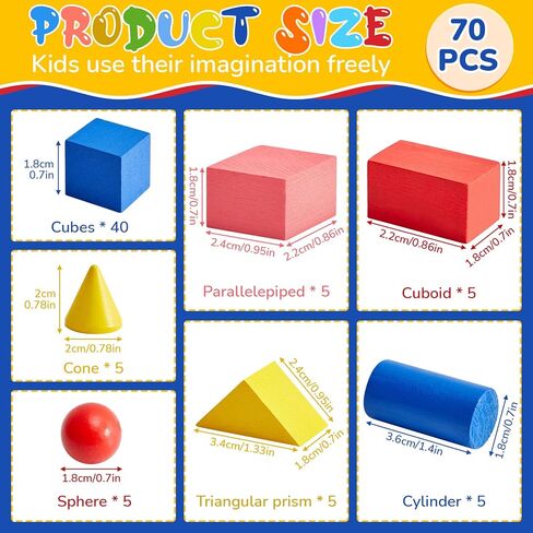 Deekin 70 Pcs Wood Geometric Solid Mini 3D Shape Wooden Building Block Bulk Montessori Stacking Toy Manipulatives Elementary Block for Preschool Learning Geometry Math Kindergarten Teaching Classroom in Kuwait