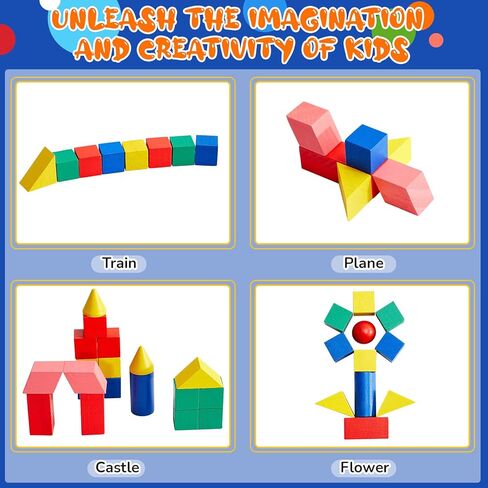 Deekin 70 Pcs Wood Geometric Solid Mini 3D Shape Wooden Building Block Bulk Montessori Stacking Toy Manipulatives Elementary Block for Preschool Learning Geometry Math Kindergarten Teaching Classroom in Kuwait