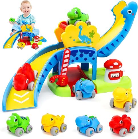 Toddler Toys for 1 2 Year Old Boy Gifts, Dinosaur Slide with 4 Dino Cars | Montessori Learning Toys for Baby 12-18 Months, Educational First Birthday Gifts for Kids, Girls, Push Track for Toddlers 1-3 in Kuwait