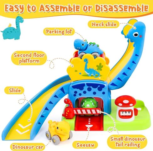 Toddler Toys for 1 2 Year Old Boy Gifts, Dinosaur Slide with 4 Dino Cars | Montessori Learning Toys for Baby 12-18 Months, Educational First Birthday Gifts for Kids, Girls, Push Track for Toddlers 1-3 in Kuwait