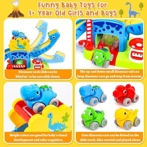 Toddler Toys for 1 2 Year Old Boy Gifts, Dinosaur Slide with 4 Dino Cars | Montessori Learning Toys for Baby 12-18 Months, Educational First Birthday Gifts for Kids, Girls, Push Track for Toddlers 1-3 in Kuwait