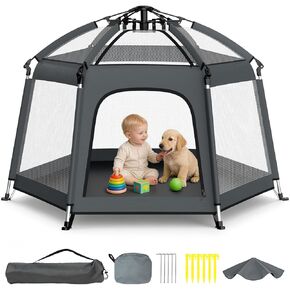 Foldable Baby Playpen with Canopy: Durable 450D Oxford & Aluminum, Gray | Pop-Up Play Tent, Easy Setup, UPF50 Sun Protection, Lightweight, Mosquito Net, for Beach Travel Outside Indoor, for Kid & Pet in Kuwait