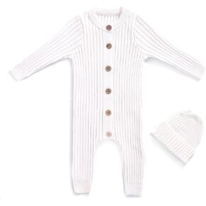 Cotton Knit Baby Romper Set Ribbed Newborn Outfit Clothes With Hat | Matching Stretchy Hat,Soft & Breathable Cotton, Front Buttons for Easy On/Off, Machine Washable,Perfect for First Photos in Kuwait