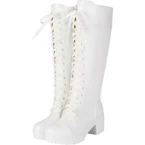 BEAUPAS Women's Knee High Combat Boots Goth Platform Lace Up, White, 15 | Chunky Block Heel, Side Zipper, Women's Fashion, Cosplay Style, Faux Leather in Kuwait