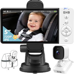 GHB Wireless Baby Car Camera 5" HD, 3500mAh Baby Monitor 2000mAh Camera | Non WiFi, Temperature Alert, 720P Night Vision VOX Mode, 360° Rotatable Rear Facing Monitor Baby Gifts for Home Pets in Saudi Arabia