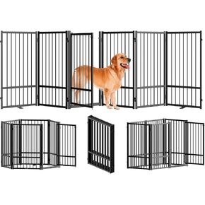 SNUOWU Full Metal Freestanding Dog Gate with Door, 32''Height Foldable Pet Dog Fence for Indoor & Outdoor, 4 Panels Extra Wide Free Standing TallDog Gates for Doorways,House,Stairs,Porch,Deck,Yard in Saudi Arabia