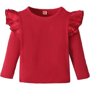 Toddler Girls Ruffle Long Sleeve T-Shirt 1-7Y | Kids Solid Color Blouse, Cotton Blend Top, Pairs With Pants/Dresses/Jeans, Daily Wear, Party, Holidays, Photoshoot, School in Kuwait
