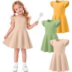 3 Pack Toddler Girls' Summer Dresses | Baby Sundresses, Flutter Sleeve, Crew Neck, Short Sleeve, Knee Length, 18M-5T, Cute, Preschool, Kindergarten, Tennis, Casual in Kuwait