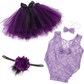 4 PCS Newborn Photography Props Outfits-BabyTutu Skirt Cute Bow Headdress and Lace Rompers Sets for Infants Girl Boy (PH227-E) in Saudi Arabia