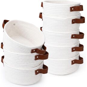8 Pack Small Woven Baskets Bulk, Cotton Cute Mini Rope Storage Bins with Leather Handles, Tiny Decorative Boho Round Empty Gift Baskets Organizer 7.8" x 7.8" x 3.9" for Shelves, Closet in Saudi Arabia