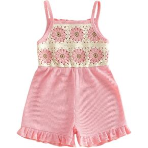 Toddler Baby Girl Crochet Romper Jumpsuit Boho Floral Overalls Ruffle Shorts Sleeveless Playsuit Summer Outfit in Saudi Arabia