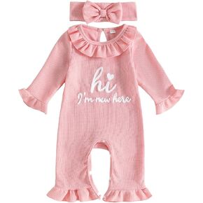 Infant Baby Girl Fall Outfit Romper Jumpsuits Newborn Waffle Clothes | Letter Embroidery Ruffle Trim Long Sleeve Crew Neck Bodysuits Cute Clothing in Saudi Arabia
