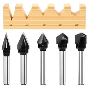 5-Piece CNC V-Groove Router Bits Set 1/4 Inch Shank, 30° 45° 60° 90° 120° 2-Flute Carbide-Tipped Grooving Bits, for Woodworking, Engraving, Carving in Kuwait