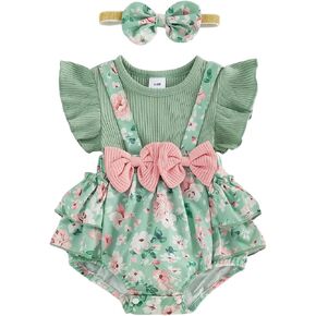 Newborn Baby Girl Floral Romper Onesie Dress Ruffle Bodysuit Summer Outfit | Ruffle Sleeve Ribbed Playsuit,Shorts Jumpsuit,newborn girl clothes summer,vestidos para bebes de 6-9 meses,two-piece in Saudi Arabia