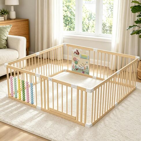 Wooden Baby Playpen, Baby Playard Area Indoor, Non-Foldable 53"x53" | Play Pen for Babies and Toddlers Kids Indoor,Locking Baby Gate,Easy to Clean,Easy to assemble and disassemble in Kuwait