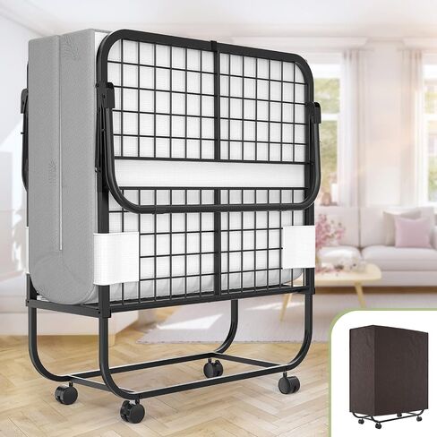 Unikito 75" x 31" Folding Bed with Memory Foam Mattress, Rollaway Bed | Portable guest bed for adults, sturdy metal frame on wheels, space saving folded design, storage cover included. in Kuwait