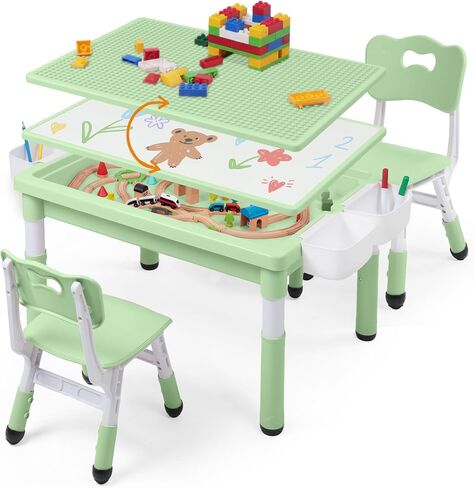 Kids Table and Chairs Set Large Storage, Height Adjustable | Toddler Activity Table and 2 Chairs Set, 34.6x24.8" Graffiti/Block Building Desktop, 4 Side Box, Kids desk for Home Preschool in Kuwait