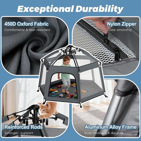 Foldable Baby Playpen with Canopy: Durable 450D Oxford & Aluminum, Gray | Pop-Up Play Tent, Easy Setup, UPF50 Sun Protection, Lightweight, Mosquito Net, for Beach Travel Outside Indoor, for Kid & Pet in Kuwait