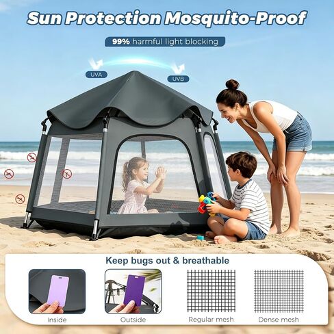 Foldable Baby Playpen with Canopy: Durable 450D Oxford & Aluminum, Gray | Pop-Up Play Tent, Easy Setup, UPF50 Sun Protection, Lightweight, Mosquito Net, for Beach Travel Outside Indoor, for Kid & Pet in Kuwait