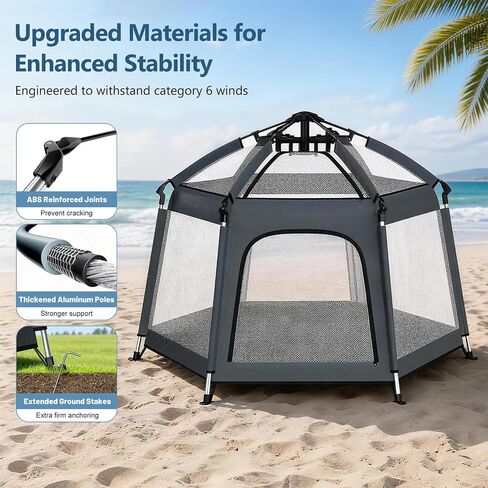 Foldable Baby Playpen with Canopy: Durable 450D Oxford & Aluminum, Gray | Pop-Up Play Tent, Easy Setup, UPF50 Sun Protection, Lightweight, Mosquito Net, for Beach Travel Outside Indoor, for Kid & Pet in Kuwait