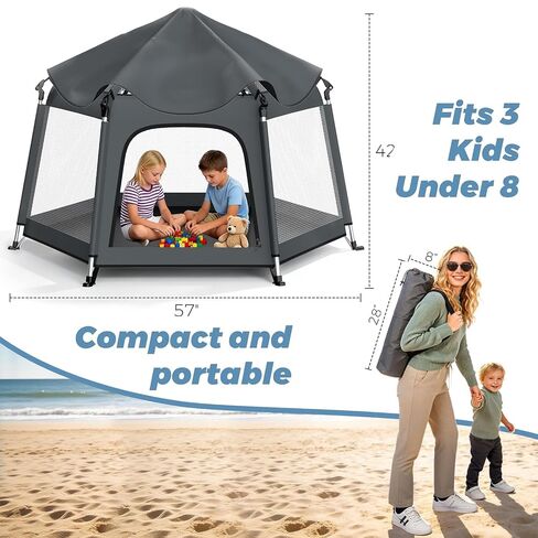 Foldable Baby Playpen with Canopy: Durable 450D Oxford & Aluminum, Gray | Pop-Up Play Tent, Easy Setup, UPF50 Sun Protection, Lightweight, Mosquito Net, for Beach Travel Outside Indoor, for Kid & Pet in Kuwait