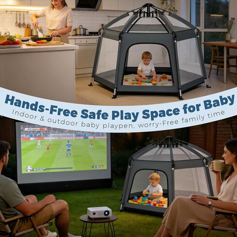 Foldable Baby Playpen with Canopy: Durable 450D Oxford & Aluminum, Gray | Pop-Up Play Tent, Easy Setup, UPF50 Sun Protection, Lightweight, Mosquito Net, for Beach Travel Outside Indoor, for Kid & Pet in Kuwait