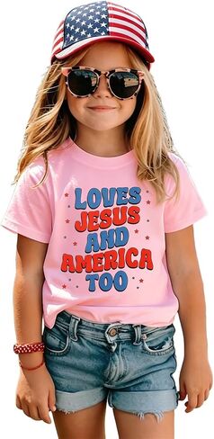 CM C&M WODRO Toddler 4th of July Shirts Boys Girls Loves Jesus and America Too Shirt Kids USA Patriotic T-Shirt Summer Tee in Kuwait