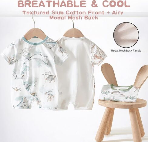 Modal Mesh Cotton 3-24M Breathable Summer Baby Romper | Ultra Soft, Airy Modal Mesh Back, Slub-Weave Cotton Front, Flatlock Seams, Easy Diaper Changes in Kuwait