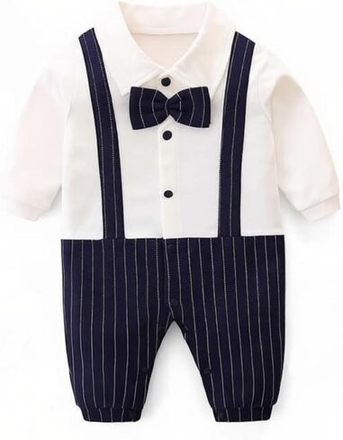 Baby Boy Gentleman Romper Long Sleeve Cotton Bodysuit Bow Tie Formal Tuxedo for Newborn Infant 0-18 Months in Kuwait