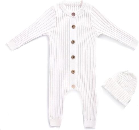 Cotton Knit Baby Romper Set Ribbed Newborn Outfit Clothes With Hat | Matching Stretchy Hat,Soft & Breathable Cotton, Front Buttons for Easy On/Off, Machine Washable,Perfect for First Photos in Kuwait