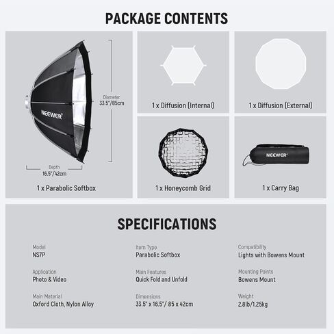 NEEWER 85 cm Bowens Mount Parabolic Softbox Dodecagon, Quick Release Soft Box with Diffusers/Grid/Bag for Video Light Strobe CB60 CB200B MS60C MS150B S101 Vision 4 Q4 Compatible with Godox, NS7P in Saudi Arabia