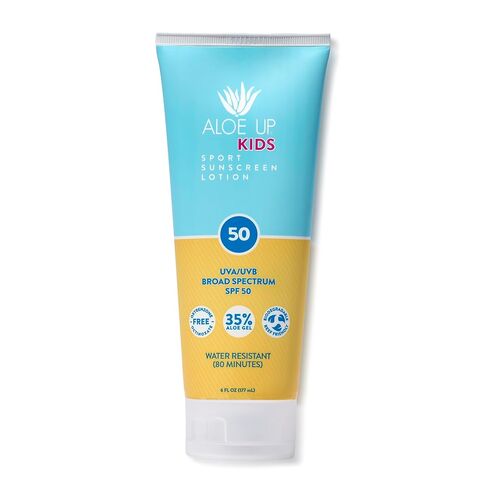 Aloe Up Kids Sport Sunscreen Lotion SPF 50 - Broad Spectrum Sheer Face and Body Sunscreen Protector for Sensitive Skin - With Aloe Vera Gel - Dries Fast - Reef Safe - Fragrance-Free - 6 Oz in Kuwait