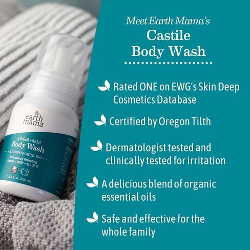 Earth Mama Ginger Fresh Foaming Hand Soap and All Purpose Body Wash for Sensitive Skin, Liquid Castile Soap with Organic Coconut Oil, Shea Butter, Calendula, & Aloe, 5.3 fl oz in Kuwait