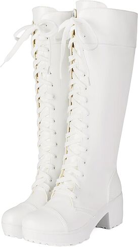 BEAUPAS Women's Knee High Combat Boots Goth Platform Lace Up, White, 15 | Chunky Block Heel, Side Zipper, Women's Fashion, Cosplay Style, Faux Leather in Kuwait