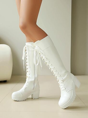 BEAUPAS Women's Knee High Combat Boots Goth Platform Lace Up, White, 15 | Chunky Block Heel, Side Zipper, Women's Fashion, Cosplay Style, Faux Leather in Kuwait