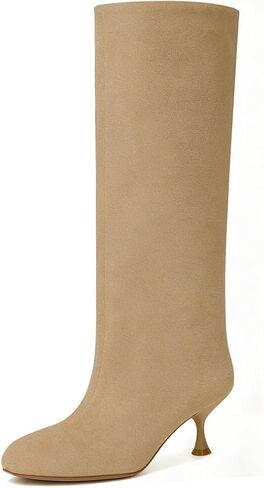 Round Toe Boots for Women Knee High Wide Calf Kitten Heel 2.24" Pull-On tall Suede Fall Boots in Saudi Arabia