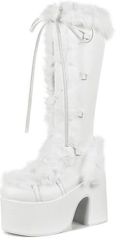 CELNEPHO Gothic Platform Knee High Boots Faux Fur Block Heel Winter Shoes | Goth punk design, lace-up closure, thick 3" platform, faux fur trim, 5.1" chunky block heel, side zipper, winter snow shoes in Kuwait